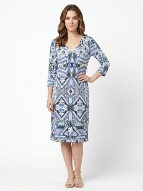 J.Jill soft stretchy 3/4 sleeve Mosaic floral blue/white shift dress, sz M